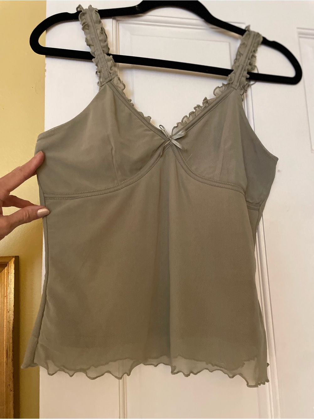 Madden Girl Olive Green Ruffle-Trim Camisole Y2K Babydoll Lined Tank Top
